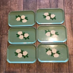 Vintage MCM Metal TV Lap Snack Trays Green White Gardenias Lot of 6